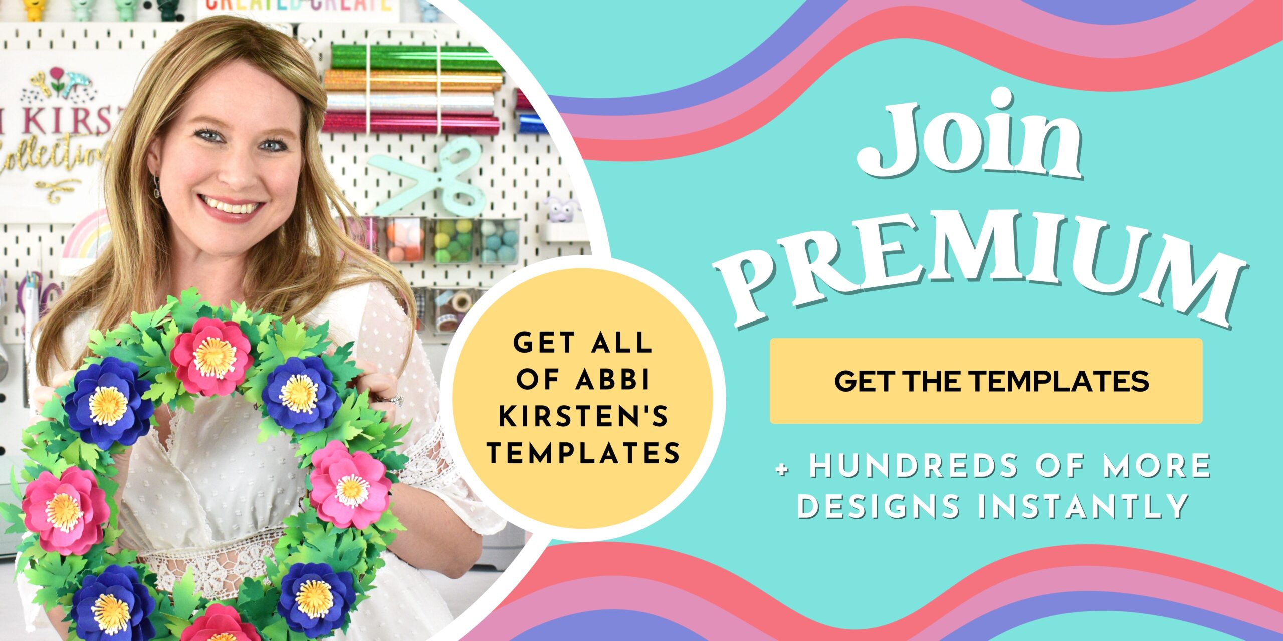 The image shows a primrose spring wreath with the words, get the flower templates when you join Abbi Kirsten's premium membership