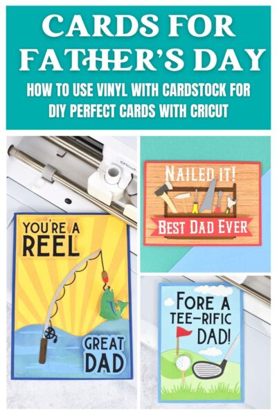 The images shows several handmade Father's Day card made with a Cricut including a funny golf card, fishing card, toolbox card and grill card for Dad. 