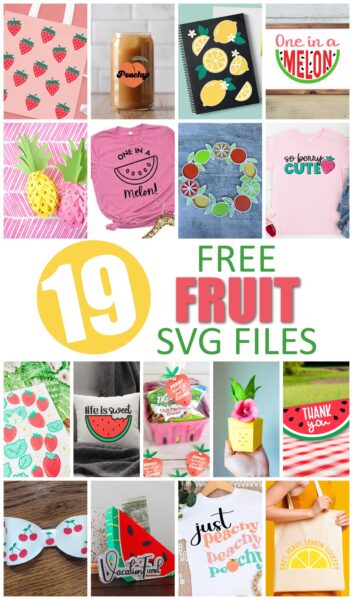 The image shows a collage of free fruit themed SVG cut files for Cricut and Silhouette craft cutting machines. 