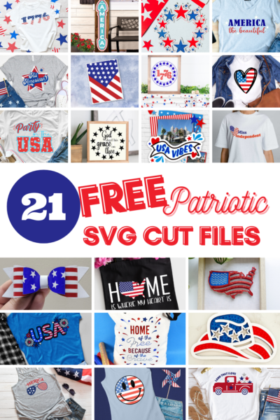 The image shows a collage of several patriotic SVG cut files for the 4th of July. These SVGs are great for Cricut and Silhouette users. 