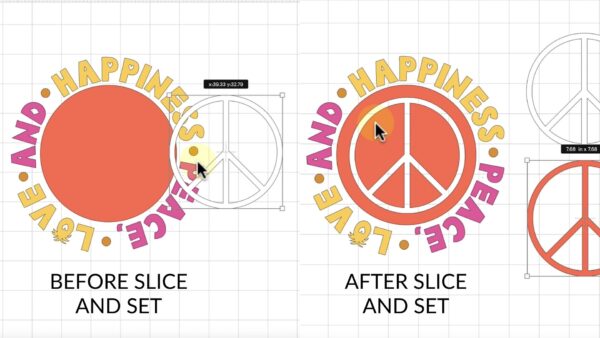 The image shows an SVG cut file in Cricut Design Space with a before and after result of the Slice and Set technique for layering heat transfer vinyl.