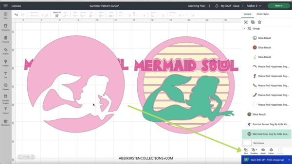 The image shows a mermaid SVG cut file in Cricut Design Space with a before and after result of the Slice and Set technique for layering heat transfer vinyl.