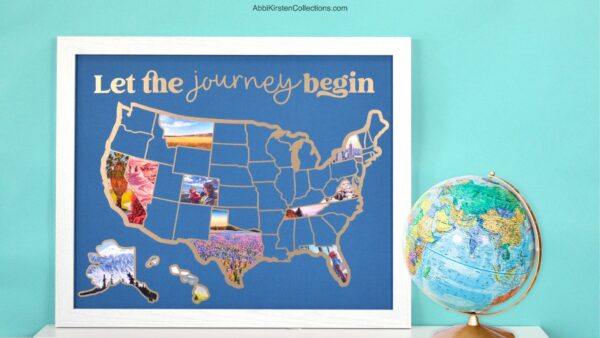 The image shows a USA map with photos made using a Cricut machine. This tutorial teaches how to make your own photo adventure map with personal vacation and travel photos. 