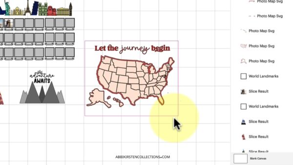 The image shows a photo map SVG in Cricut Design Space. 