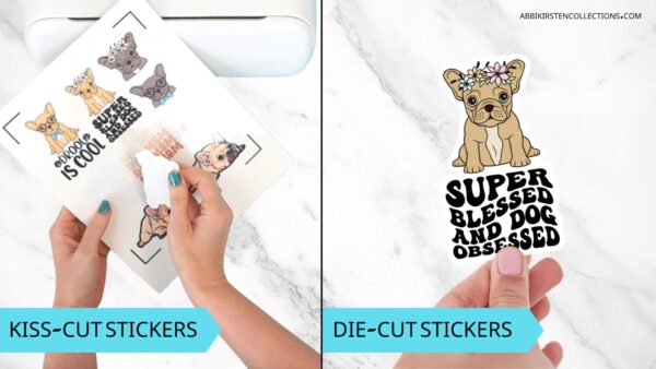 Side by side comparison of kiss-cut stickers vs. die-cut stickers. 
