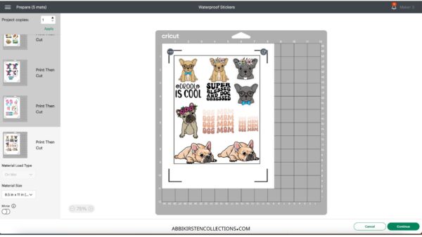 Sheet of puppy stickers in Cricut Design Space. 
