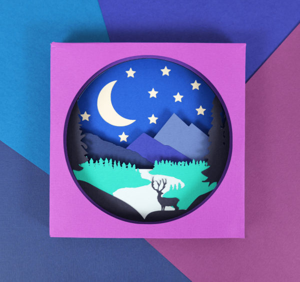 Mountain and river night scene 3D paper shadow box. 