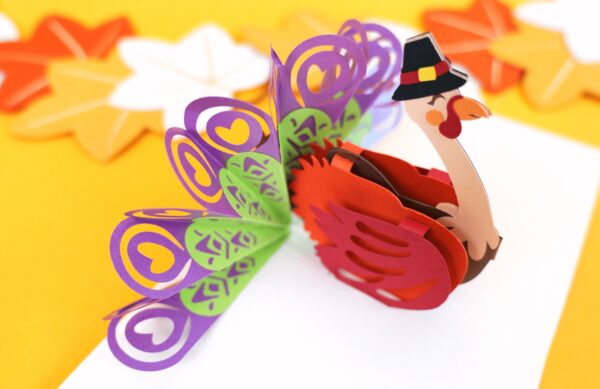 Colorful turkey pop up card made with Cricut. 