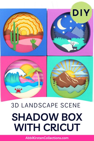 3D landscape shadow box designs with a beach, mountain and desert scene. Use your Cricut to make DIY shadow boxes made from cardstock paper. 