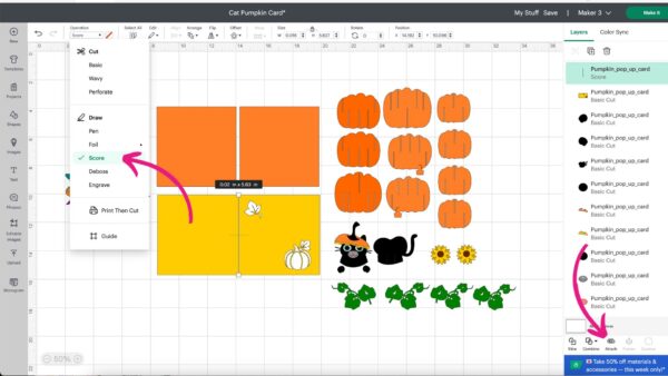 How to set score lines for the pumpkin cat card in Cricut Design Space. 
