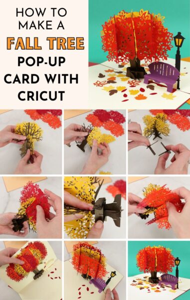 How to make a fall tree pop up card with Cricut using cardstock. Complete image collage of steps. 