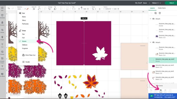 How to set score lines in Cricut Design for a Fall tree pop up card. 