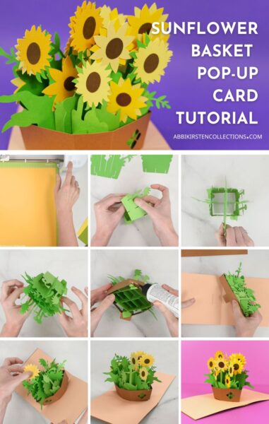 Collage image of the steps to make a sunflower basket pop up card. 