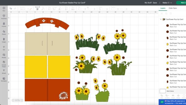 Sunflower basket pop up card template in Design Space
