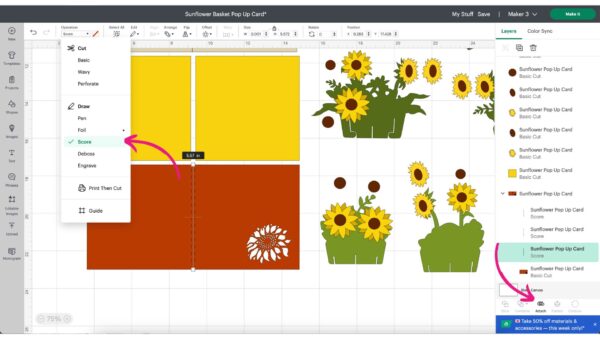 How to set score lines for a pop up card in Cricut Design Space