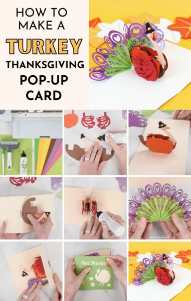 How to make a turkey pop up card with Cricut for thanksgiving. The image shows a step by step photo collage of how to assemble the Fall greeting card. 