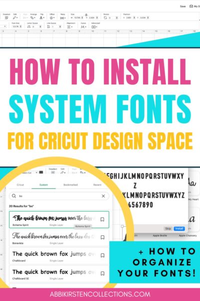Large image shows how to install system fonts for Cricut Design Space. 