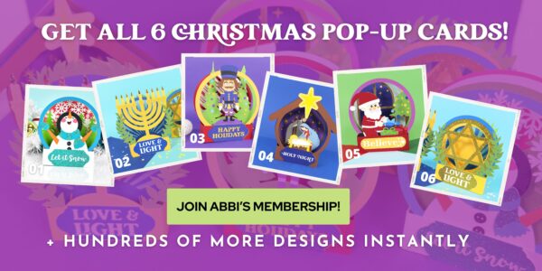 Set of 6 Christmas pop-up card with a call to action button that reads Join Abbi's membership here