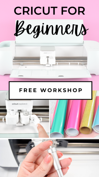 Cricut machine with colorful vinyl and other tools. Text reads, Cricut for beginners - free workshop. 