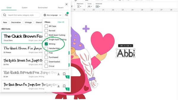 How to filter by writing fonts in Cricut Design Space