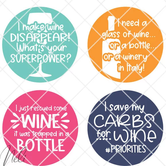 Four wine coasters with quotes in assorted colors.