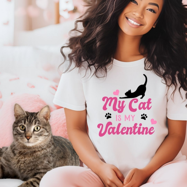 My cat is my valentine SVG cut file design on a white t-shirt