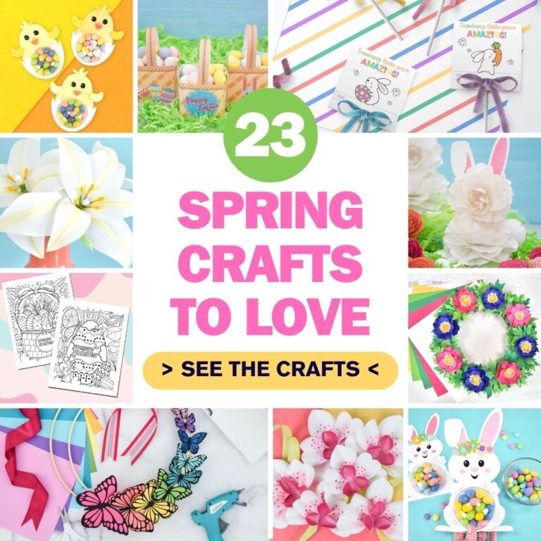Collage of images featuring 23 Spring craft projects to make.