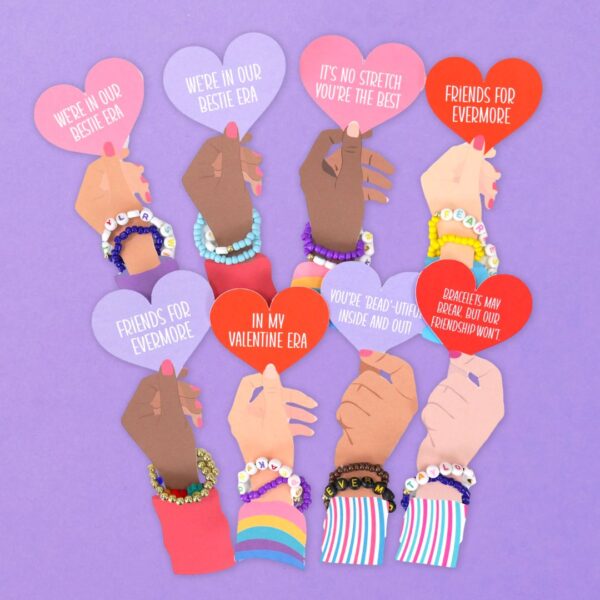 Printable friendship bracelet Valentine cards. Several hands holding hearts with Valentine phrases on them like "In my Valentine Era" with a friendship bracelet wrapped around it.  