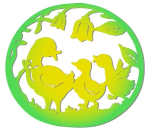 Cut circle of yellow mother duck and her two ducklings with floral and grass green edge.