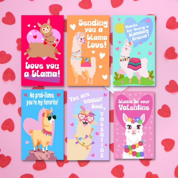 Colorful printable Valentine's Day cards with cute and silly Llamas. There is a set of 6 which all feature funny Llama puns. 