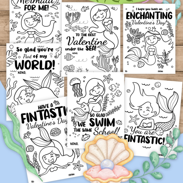 Mermaid valentine's day printable color pages