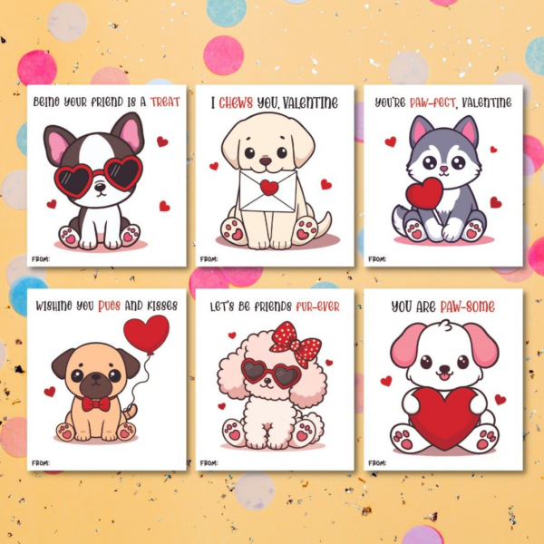 Printable Valentine's Day cards for Kids that feature cute puppy dogs and cats sitting on a yellow background with confetti.