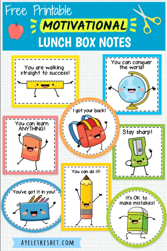 Free printable lunch box notes in squares and circles lay on graphing paper. These brightly colored, illustrated notes say things like “You Can Do It” above a happy pencil and “You Can Learn Anything” above a drawing of a smiling red book with stick hands and feet. These notes are from Ayeletkeshet.com.