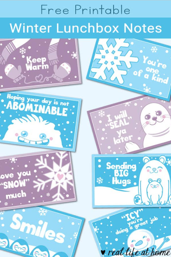 A graphic in blues and muted purples with examples of winter-themed lunch box notes. The cards have snowy illustrations and winter phrases to warm your child's day. The text above the cards reads, "Free Printable Winter Lunchbox Notes."