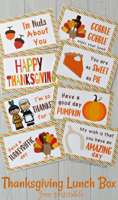 Eight free printable Thanksgiving-themed lunch box notes overlap on a grey wooden surface. These fun kid’s notes have autumn-colored borders and Thanksgiving illustrations like turkeys in pilgrim’s hats, a wishbone, and acorns. Text includes phrases such as “I’m So Thankful For You,” “Happy Thanksgiving,” and “I’m Nuts About You.”