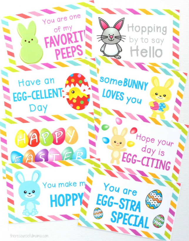 Eight individual, brightly colored printable lunch notes on a white background. Each card has a bright multi-colored border, Easter-themed illustrations, and phrases like “You Make Me Hoppy,” “You Are Egg-Stra Special,” and more.