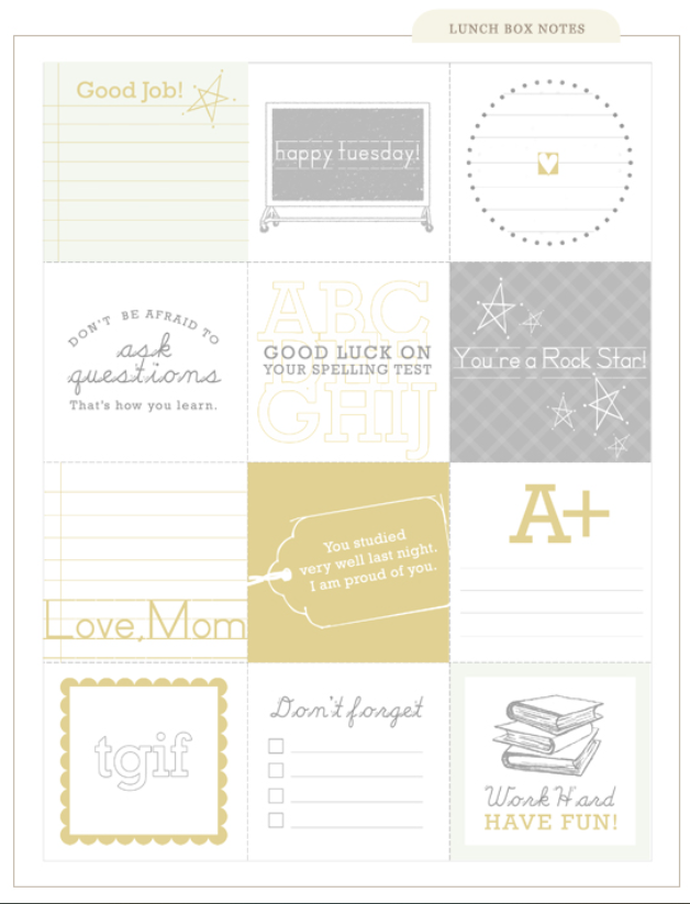 A graphic of muted yellow and gray lunch box notes for older children, with phrases like “TGIF” and “Work Hard Have Fun.” These printables also include blank notes with lines for personalization.