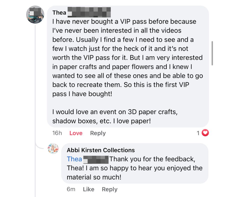 Image shows a paper flowerfest review screenshot from Abbi's community.