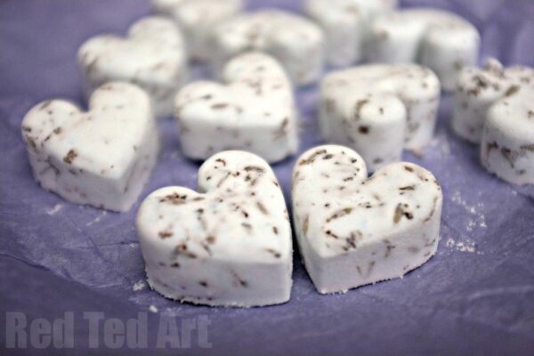 White heart-shaped bath bombs with lavender