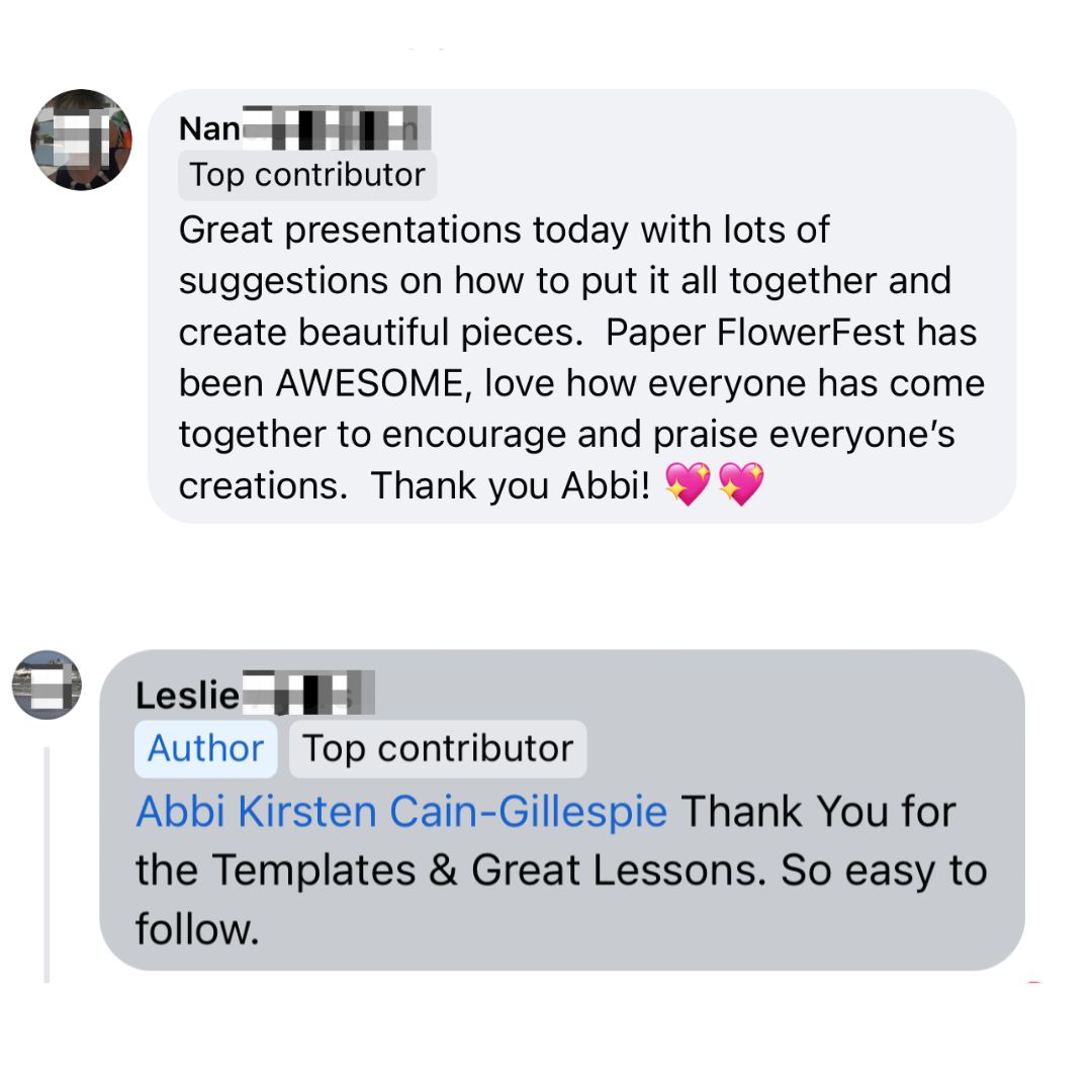 Image shows a paper flowerfest review screenshot from Abbi's community.