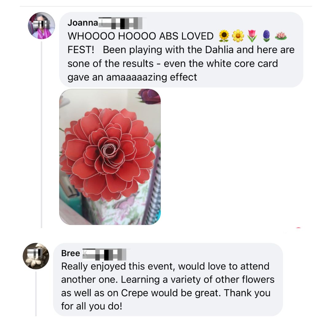 Image shows a paper flowerfest review screenshot from Abbi's community.